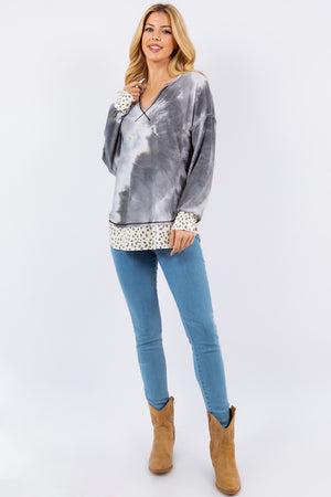 Celeste Full Size Contrast Stitching Notched Dropped Shoulder Blouse - Teresa's Fashionista LLC