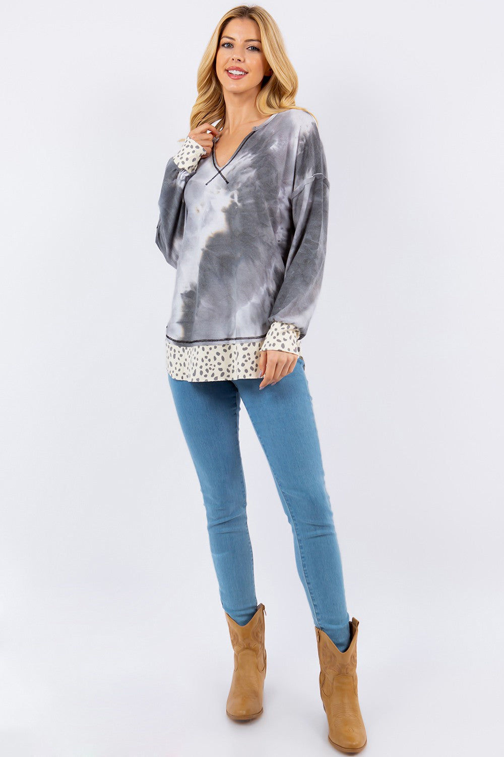 Celeste Full Size Contrast Stitching Notched Dropped Shoulder Blouse - Teresa's Fashionista LLC