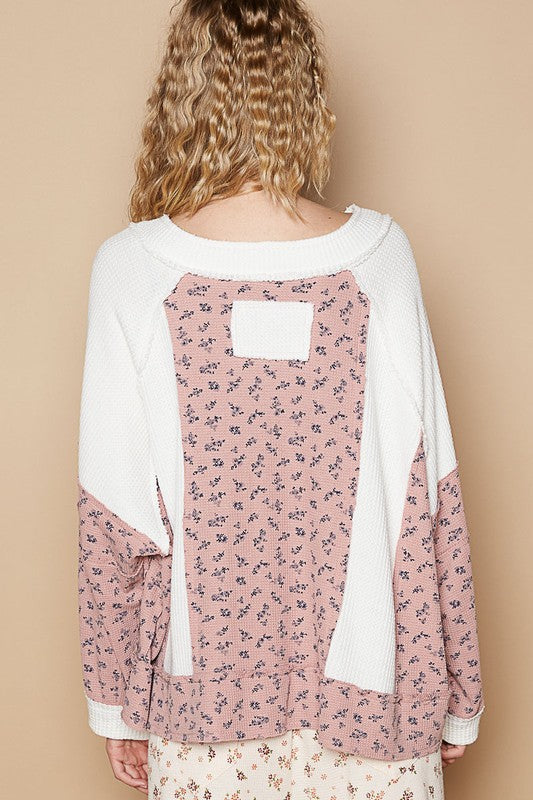 POL Waffle Knit Floral Notched Long Sleeve Top - Teresa's Fashionista LLC