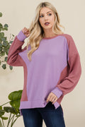 Celeste Full Size High-Low Contrast Round Neck Sweatshirt - Teresa's Fashionista LLC