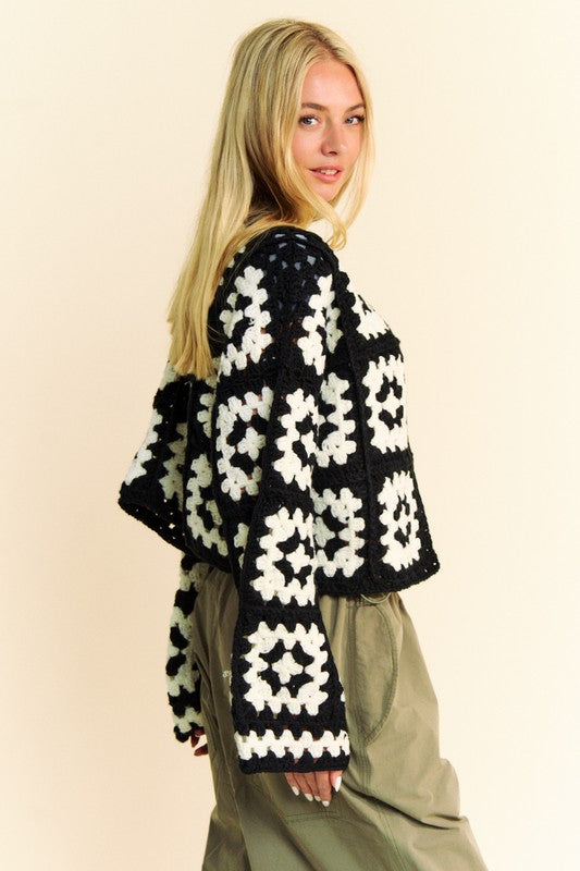 Davi & Dani Full Size Two Tone Flower Square Crochet Open Front Cardigan - Teresa's Fashionista LLC