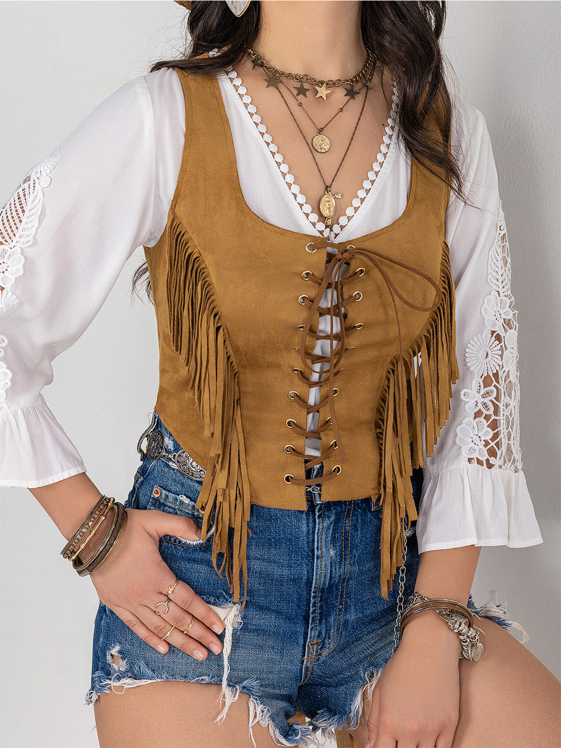 Fringe Lace-Up Vest-Teresa&#39;s Fashionista LLC