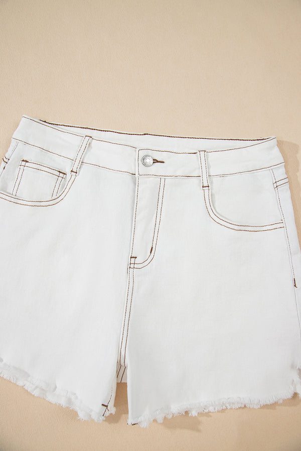 White raw hem high waist denim shorts with trendy raw edges and quality fabric