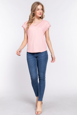 ACTIVE BASIC Lace Trim V-Neck Short Sleeve Ribbed Top-Teresa's Fashionista LLC