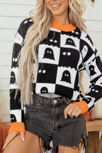 Halloween Ghost Pattern Checkerboard Sweater