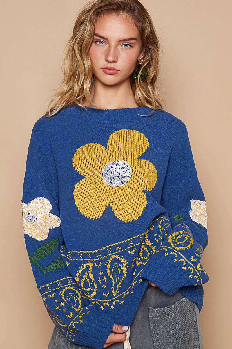 POL Flower Lace Patch Long Sleeve Sweater - Teresa's Fashionista LLC