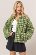 HYFVE Tweed Plaid Button Up Collared Neck Jacket - Teresa's Fashionista LLC