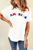 AMERICA Round Neck Short Sleeve T-Shirt in white with colorful lettering, worn by a model.
