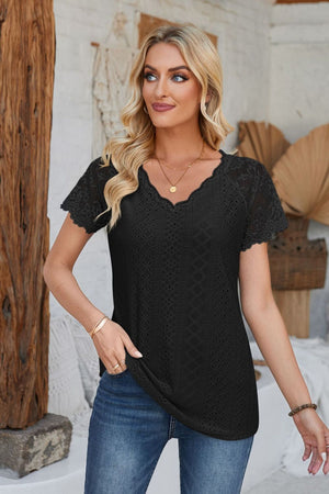 Eyelet V-Neck Lace Short Sleeve T-Shirt-Teresa's Fashionista LLC