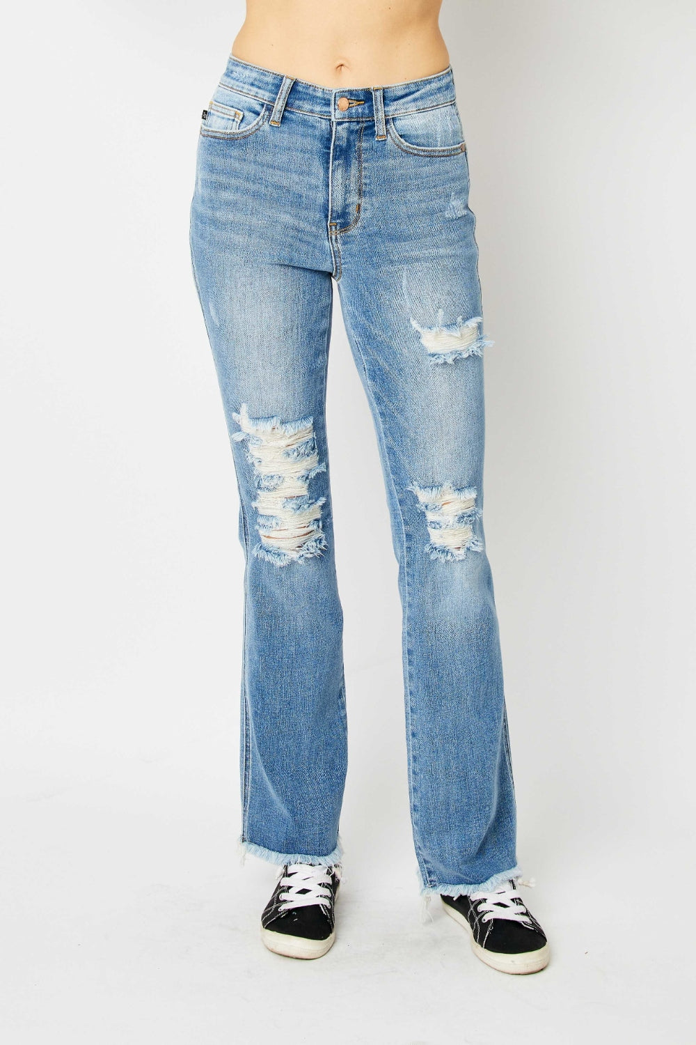 Judy Blue Full Size Distressed Raw Hem Bootcut Jeans - Teresa's Fashionista LLC