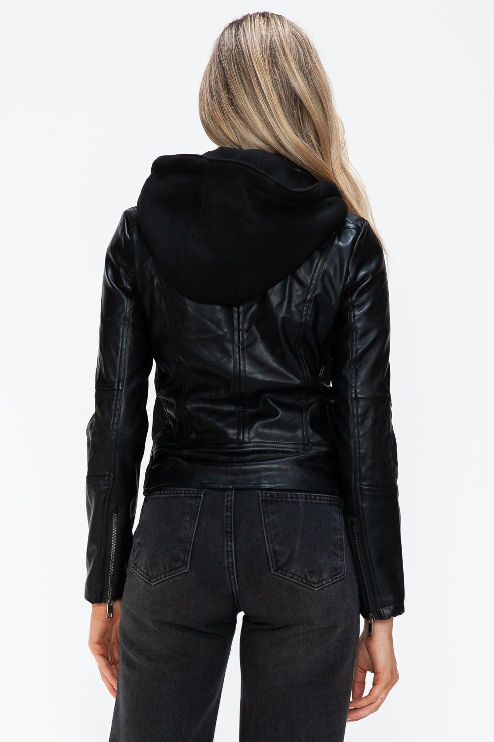 Snobbish Faux Leather Zip Up Drawstring Hooded Jacket - Teresa's Fashionista LLC