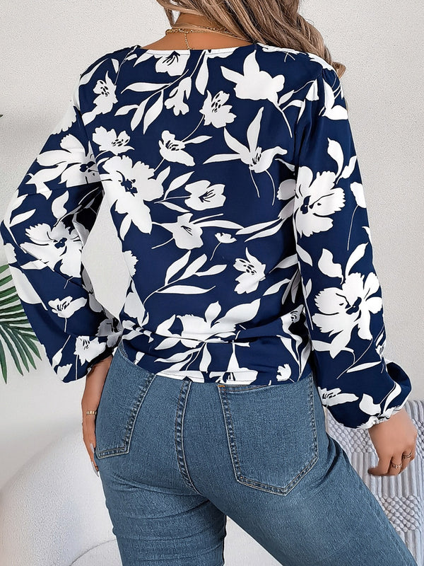 Printed V-Neck Long Sleeve Blouse-Teresa's Fashionista LLC