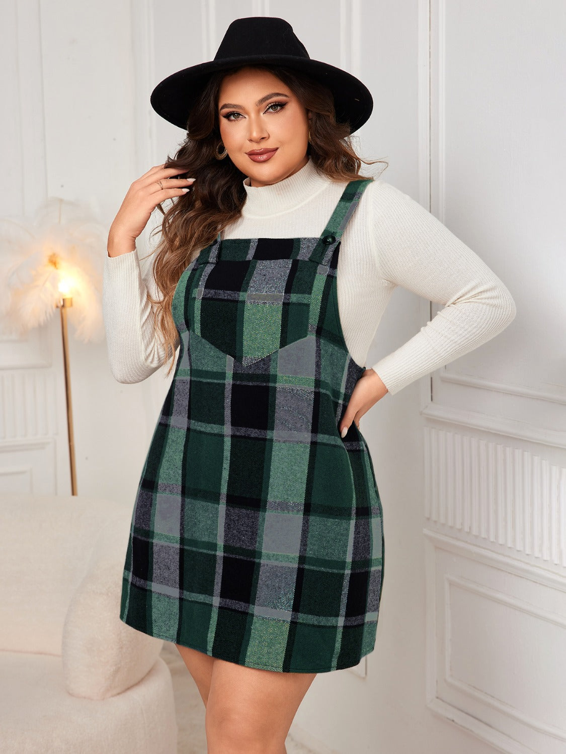 Honey Plus Size Plaid Wide Strap Overall Dress - Teresa's Fashionista LLC