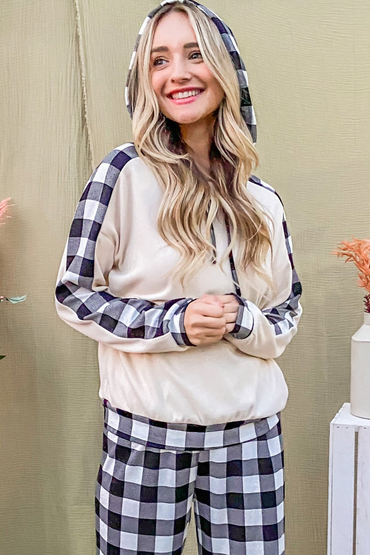 And The Why Drawstring Hooded Top and Plaid Pants Lounge Set - Teresa's Fashionista LLC