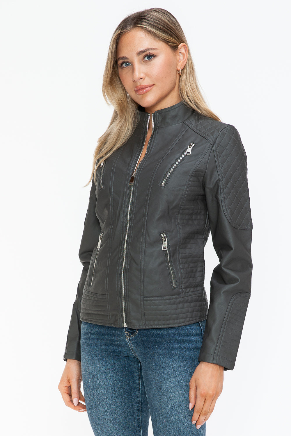 Snobbish Faux Leather Zip Up Mock Neck Jacket - Teresa's Fashionista LLC