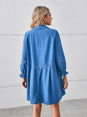 Button Up Flounce Sleeve Mini Denim Dress-Teresa's Fashionista LLC