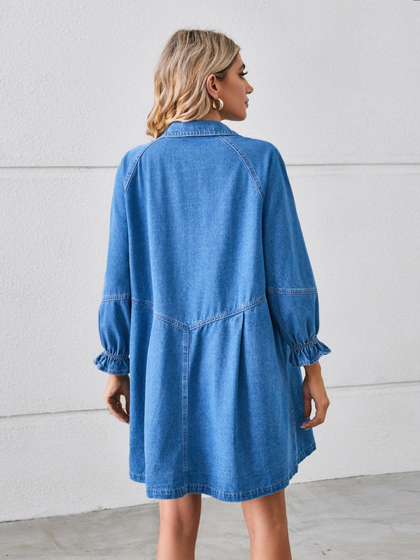 Button Up Flounce Sleeve Mini Denim Dress-Teresa's Fashionista LLC