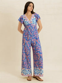 Printed V-Neck Wide Leg Jumpsuit