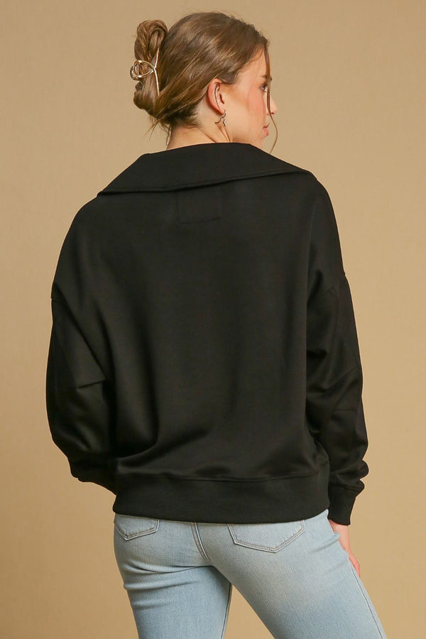 Umgee Johnny Collar Dropped Shoulder Sweatshirt - Teresa's Fashionista LLC