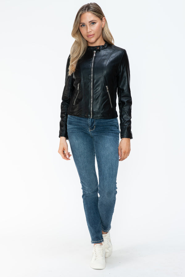 Snobbish PU Leather Zip Up Jacket with Pockets - Teresa's Fashionista LLC