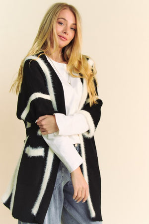 Davi & Dani Fuzzy Trim Open Front Loose Fit Cardigan - Teresa's Fashionista LLC