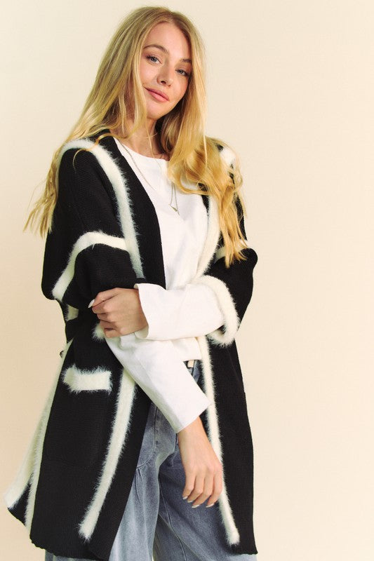 Davi & Dani Fuzzy Trim Open Front Loose Fit Cardigan - Teresa's Fashionista LLC