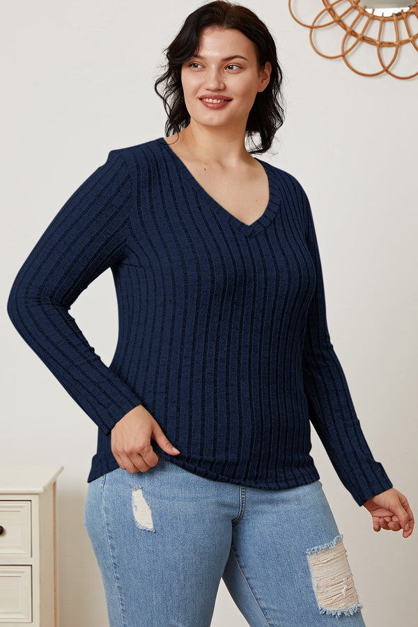 Basic Bae Full Size Ribbed V-Neck Long Sleeve T-Shirt-Teresa's Fashionista LLC