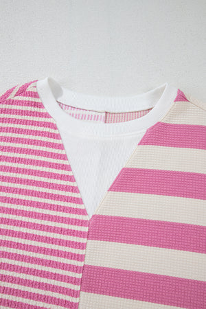 High-Low Striped Round Neck Short Sleeve T-Shirt - Teresa's Fashionista LLC