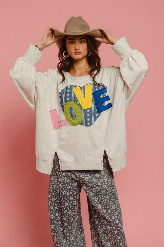 BiBi LOVE Heart Patch Slit French Terry Sweatshirt - Teresa's Fashionista LLC