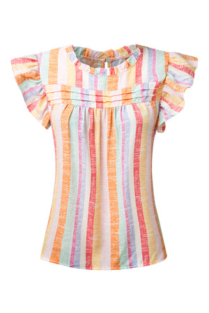 Ruffled Striped Round Neck Cap Sleeve Blouse-Teresa's Fashionista LLC