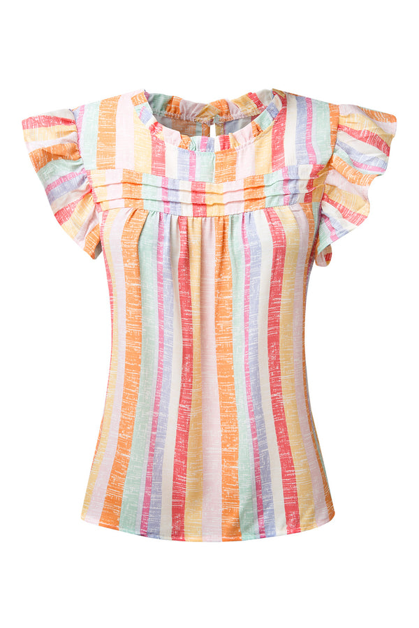 Ruffled Striped Round Neck Cap Sleeve Blouse-Teresa's Fashionista LLC
