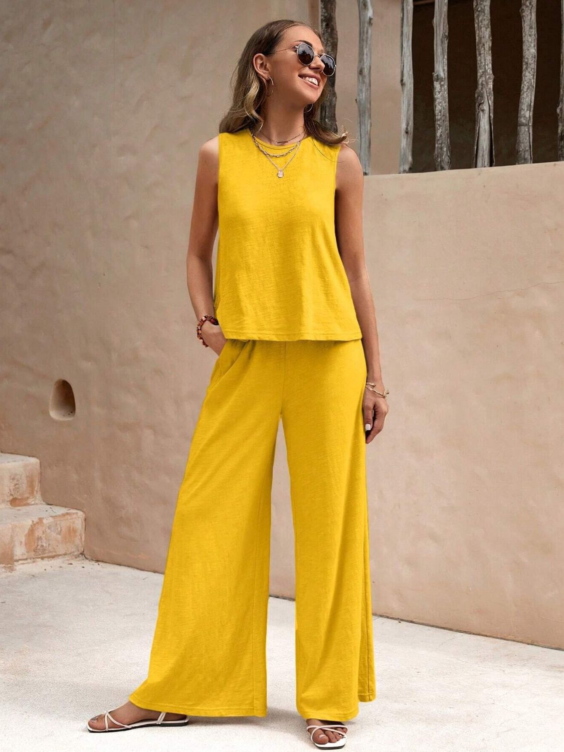 Round Neck Sleeveless Top and Wide Leg Pants Set-Teresa&#39;s Fashionista LLC