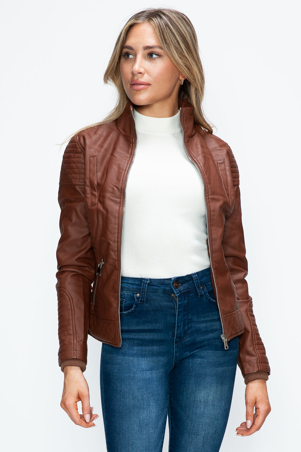 YMI Faux Layered Double-Zipper Jacket with Fuzzy Hood - Teresa's Fashionista LLC