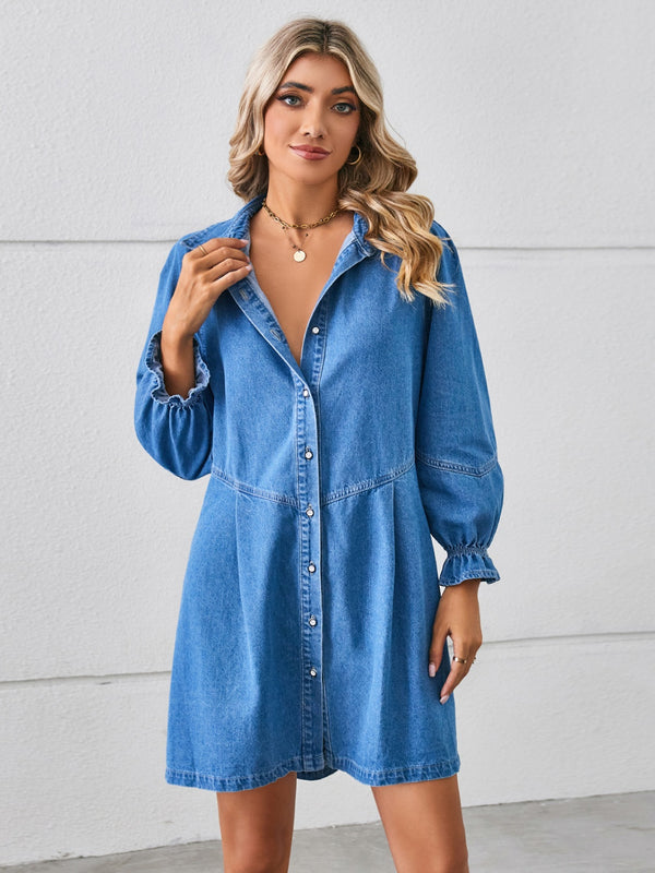 Button Up Flounce Sleeve Mini Denim Dress-Teresa's Fashionista LLC
