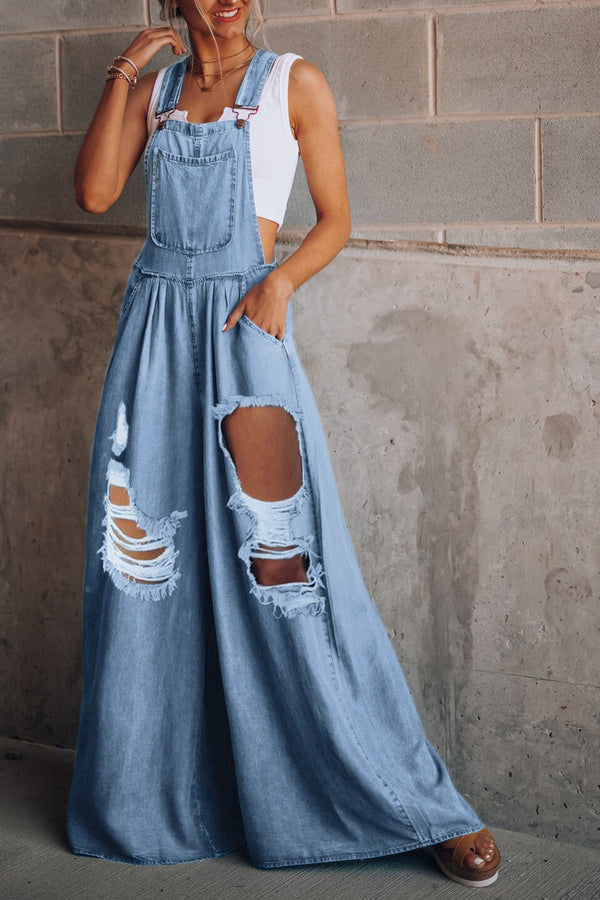 Distressed Wide Leg Denim Overalls - Teresa's Fashionista LLC