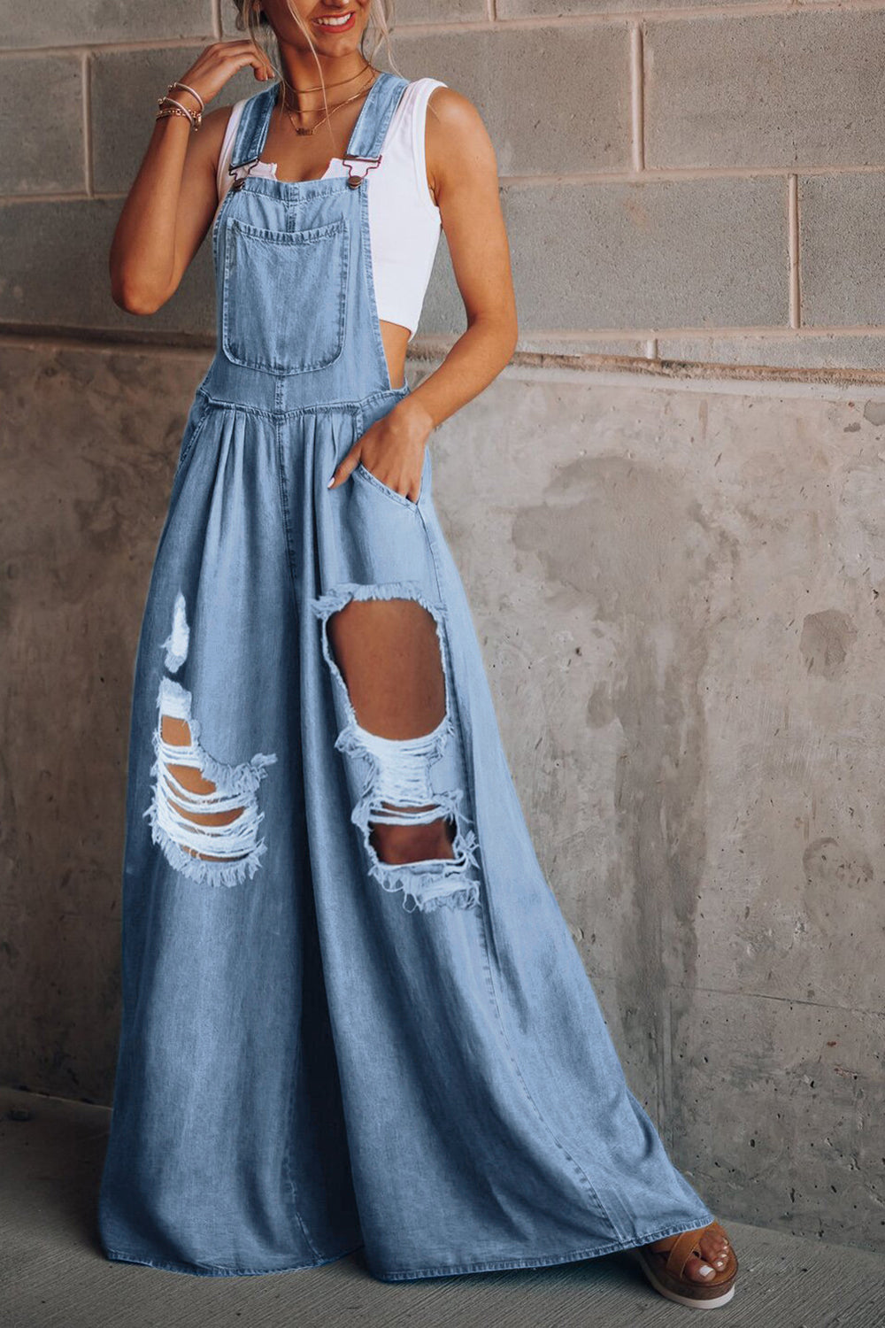 Distressed Wide Leg Denim Overalls - Teresa's Fashionista LLC