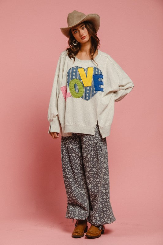 BiBi LOVE Heart Patch Slit French Terry Sweatshirt - Teresa's Fashionista LLC