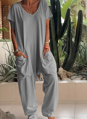 European And American Solid Color And V-neck Oversized Pocket Low-grade Jumpsuit - Teresa's Fashionista LLC