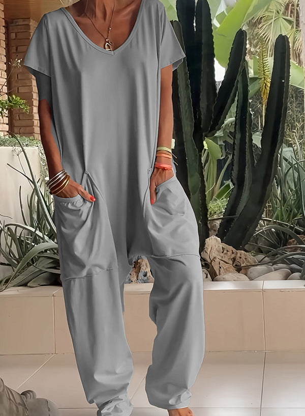 European And American Solid Color And V-neck Oversized Pocket Low-grade Jumpsuit - Teresa's Fashionista LLC