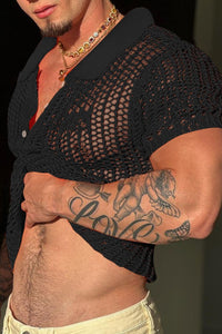 Men's Full Size Openwork Short Sleeve Polo Plus Size