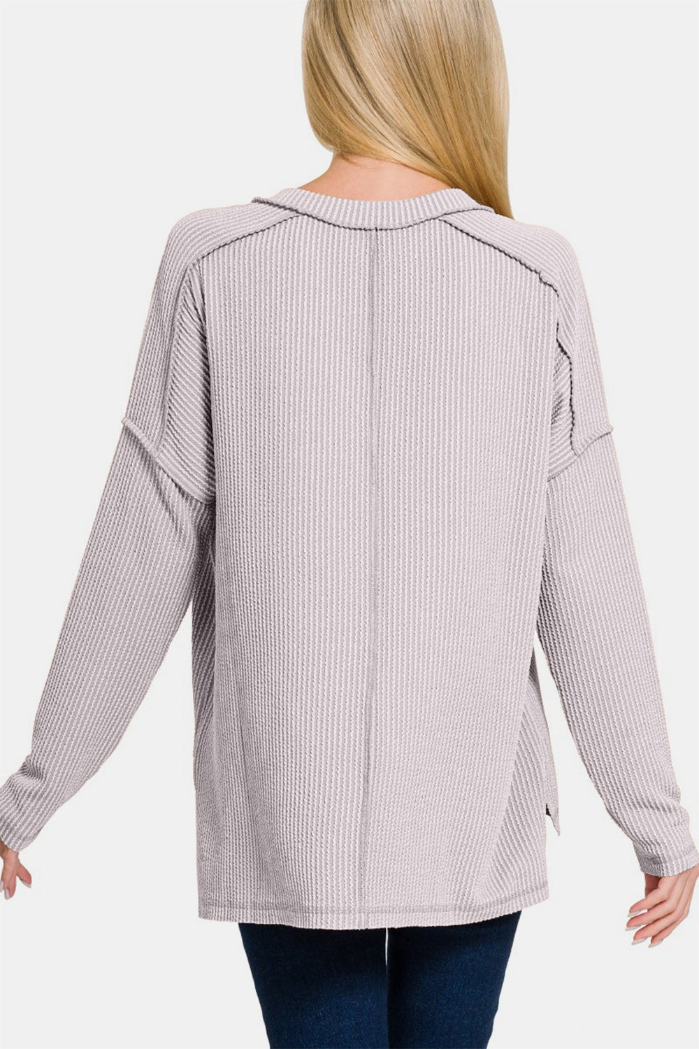 Zenana Texture Exposed Seam V-Neck Long Sleeve T-Shirt - Teresa's Fashionista LLC