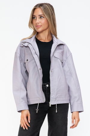 How Dare U Drawstring Hem PU Leather Zip Up Jacket - Teresa's Fashionista LLC