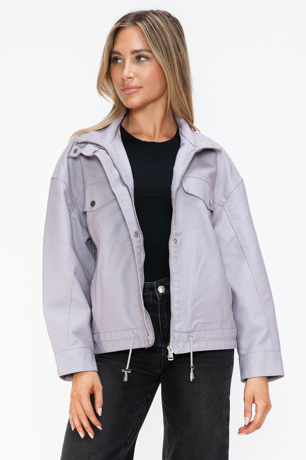 How Dare U Drawstring Hem PU Leather Zip Up Jacket - Teresa's Fashionista LLC