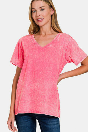 Zenana Full Size Washed Short Sleeve V-Neck T-Shirt - Teresa's Fashionista LLC