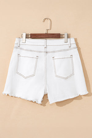 white raw hem high waist denim shorts with trendy frayed edges and flattering fit