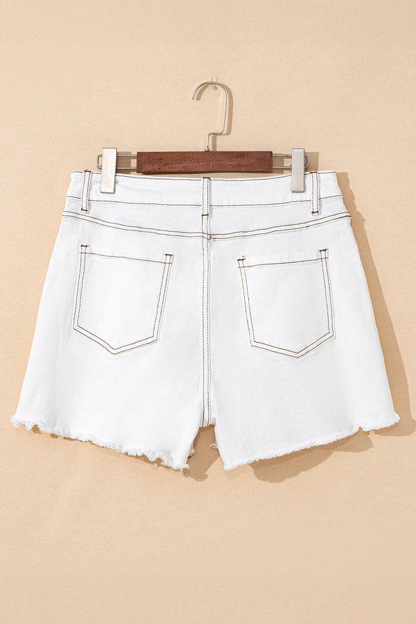 white raw hem high waist denim shorts with trendy frayed edges and flattering fit