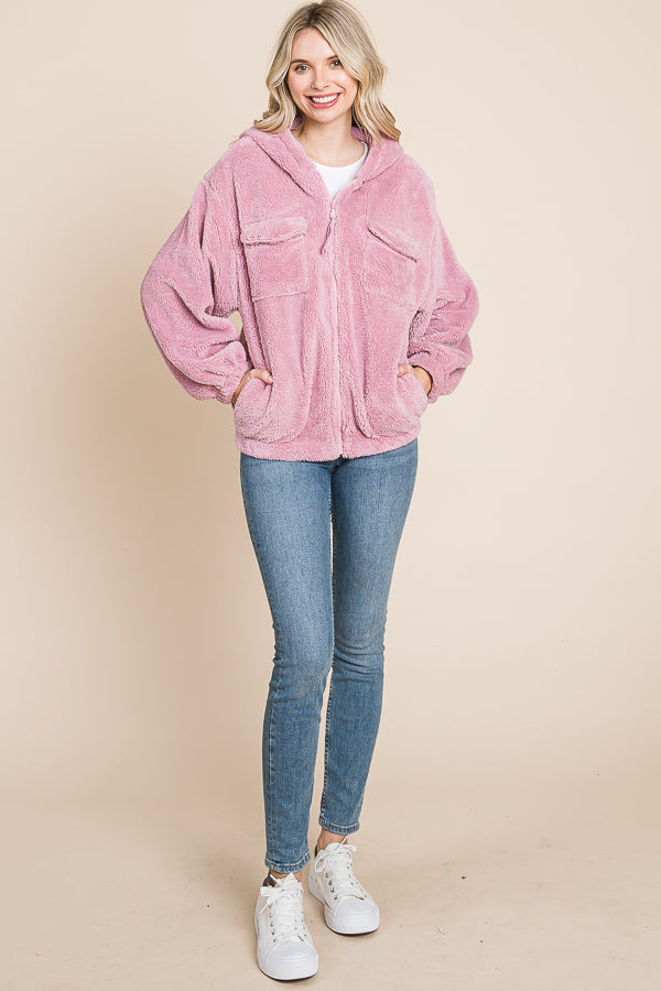 Culture Code Faux Fur Zip Up Hooded Jacket with Side Pockets - Teresa's Fashionista LLC