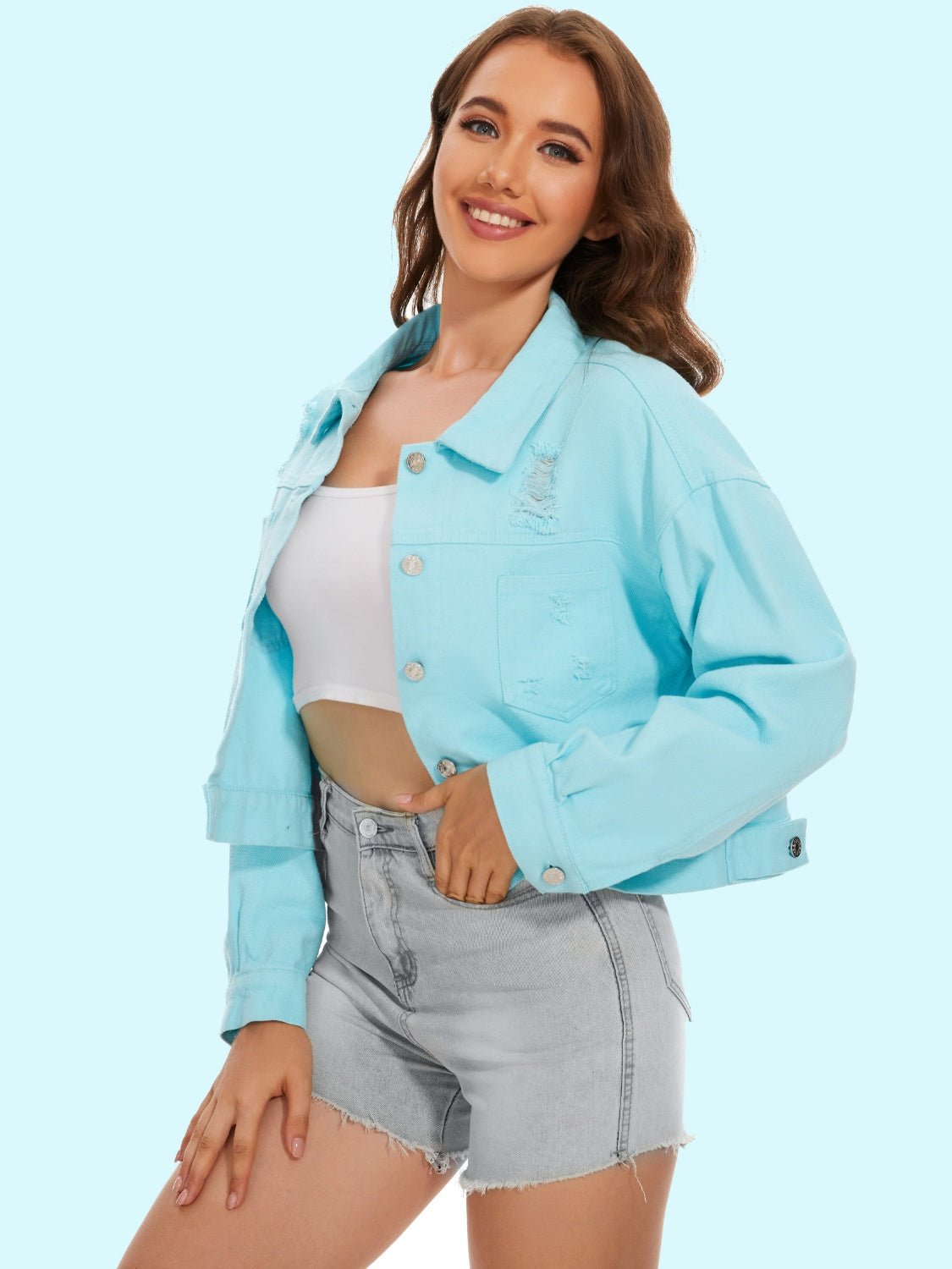 Distressed Distressed Button Up Denim Jacket-Teresa&#39;s Fashionista LLC