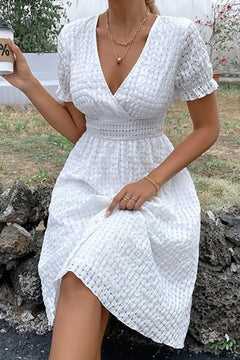 Textured Surplice Short Sleeve Dress-Teresa's Fashionista LLC