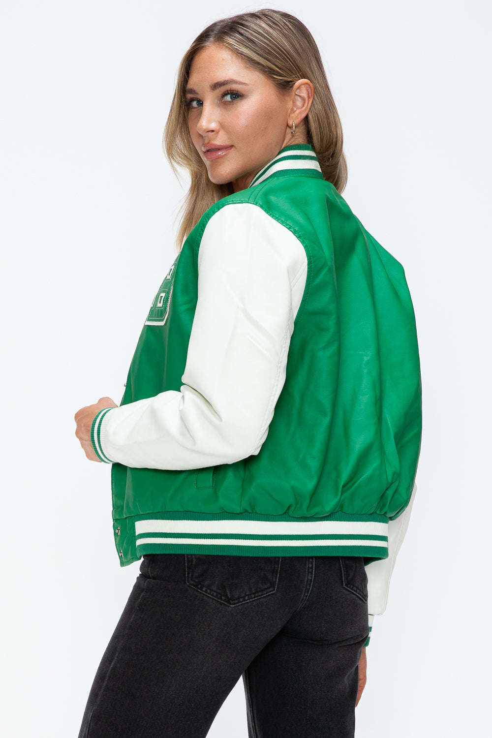 Love Me Now PU Leather Contrast Snap Down Bomber Jacket - Teresa's Fashionista LLC